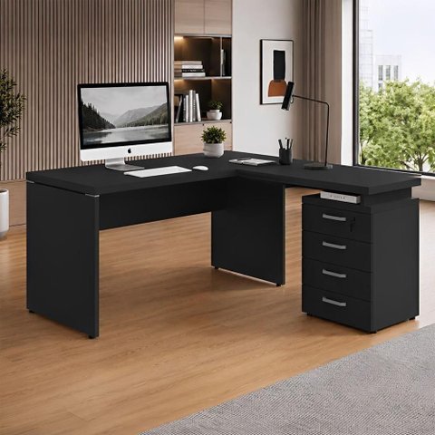 Mesa em L para Escritório Gaveteiro 4 Gavetas 150cm Preto F5 Office
