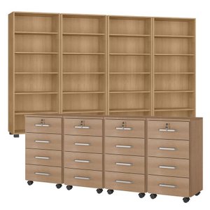 Kit 4 Gaveteiros para Escritório Gávea com Chave e 4 Livreiros Office Freijó Fosco – Móveis Leão