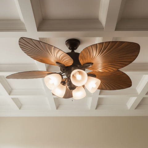 Ventilador de Teto Bivolt 5 Pás Folha Marrom com 5 Cúpulas de Iluminação