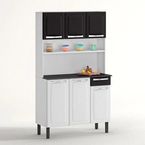 Armário de Cozinha Compacto 6 Portas 1 Gaveta Itatiaia Rose de Aço 105cm Branco/preto