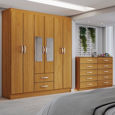 Guarda-roupa Casal Riley 6 Portas 2 Gavetas e Espelho com Cômoda 10 Gavetas Cinamomo - Panorama Móve