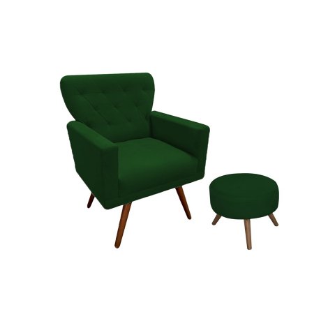 Kit Poltrona Decorativa Aurora + 1 Puff Redondo Suede Verde Pés Madeira Ms Decor