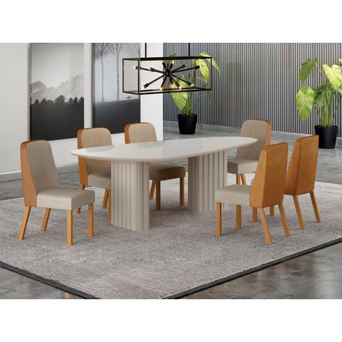 Conjunto Jantar 6 Cadeiras Maciça 2x1 Vdo Iza - Arbo Design-off White Linho Bege