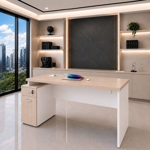 Mesa de Escritório Executiva Diretor 165x70cm com Armário e Gaveta com Fechadura