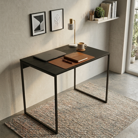 Mesa Escrivaninha Home Office Industrial Grécia de 80x46 Ferro Preto Tampo Preto