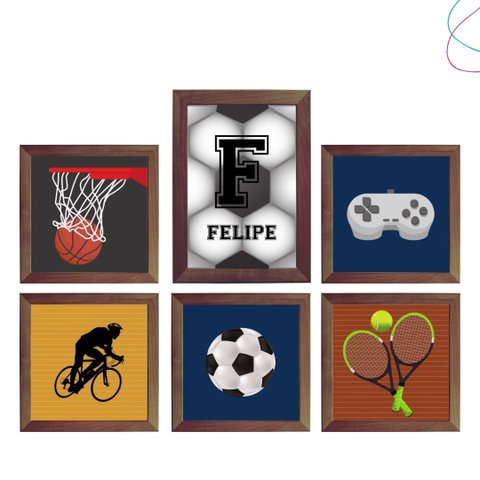 Kit com 6 Quadros Decorativos Infantil Esportes com Moldura:tabaco