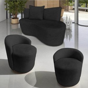 Kit Namoradeira + 2 Poltronas Yara Orgânica Couro Preto