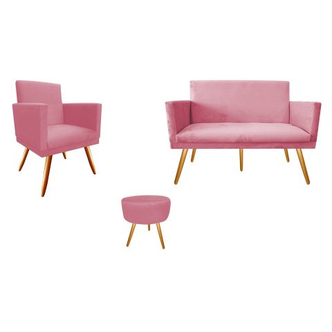 Kit Namoradeira + 1 Poltrona Decorativa Nina + Puff Redondo Suede Rosa Pés Madeira Mz Decor