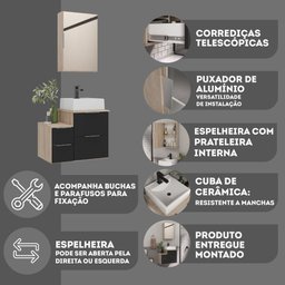 Conjunto Gabinete Banheiro Nivus 60cm (armário + Cuba + Espelheira) Madeirado / Preto - 6