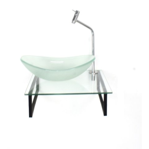 Gabinete de Vidro com Cuba Oval Jateada Tampo 40cm Incolor Mais Torneira Metal