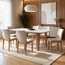 Ver imagem 1 de Conjunto Sala de Jantar 6 Lugares Retangular Tampo Vidro Base Madeira Maciça Mesa e Cadeiras Bella Marrom Cinamomo/Off White/Palha Veludo