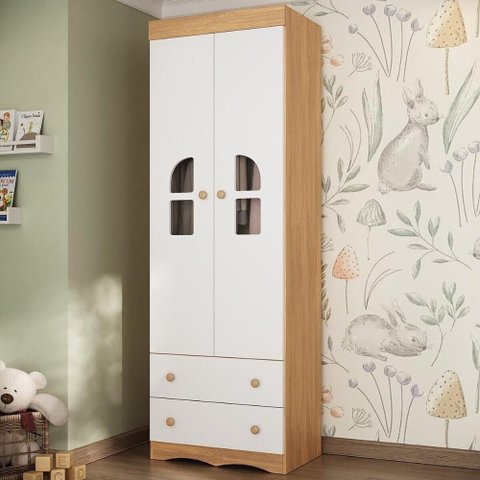 Guarda-roupa Infantil 62cm 2 Portas com Vidro e 2 Gavetas Liz Multimóveis Mp4512 Madeirado/branco