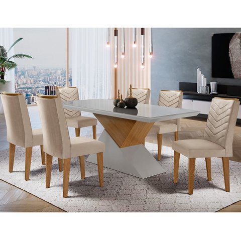Mesa Aster 180 Tampo em MDF e Vidro com 6 Cadeiras Liz Moderna