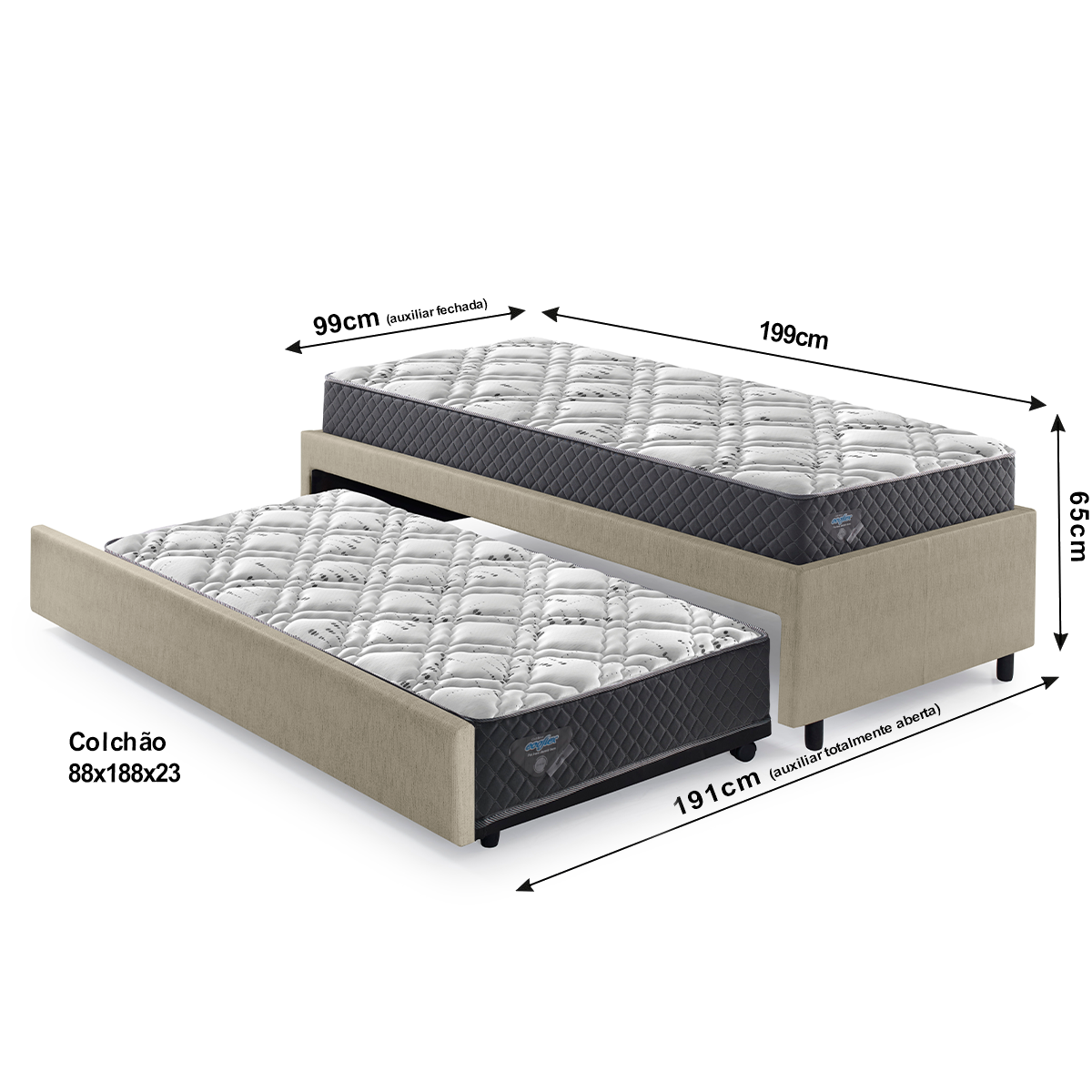 Bicama Box Solteiro 88x188 com Dois Colchões Adapto Molas Ensacadas Ecoflex Courino Linho Bege - 2