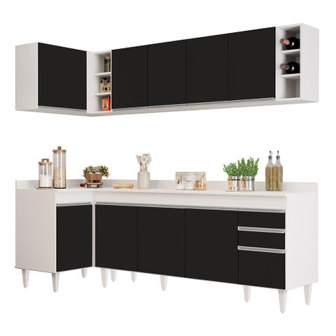 Armário de Cozinha Modulado de Canto Direito 5 Peças Cp44 Balcão com Tampo Branco/preto - Lumil Lumi