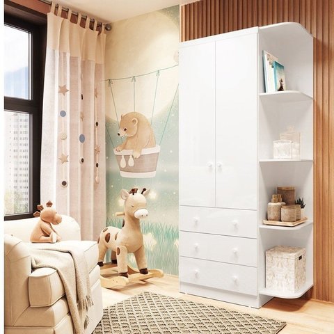 Guarda Roupa Infantil 2 Portas 3 Gavetas e Prateleira Externa 100% MDF Smim Branco/Brilho