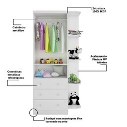 Guarda Roupa Infantil 2 Portas 3 Gavetas e Prateleira Externa 100% Mdf Smim - 5