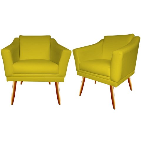 Kit 2 Poltronas Decorativa Agatha Couro Amarelo Pés Madeira Ms Decor