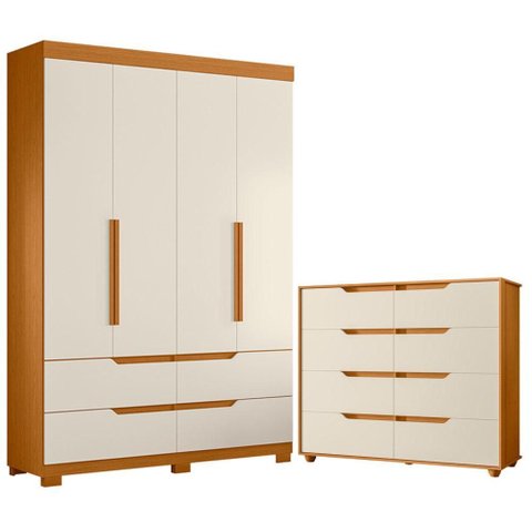Guarda Roupa Solteiro Doble 04 Portas e Cômoda Doble Cinamomo Off White Flex - Móveis Albatroz