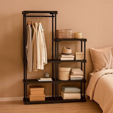 Arara Poly Eco com Cabideiro e 4 Prateleiras Preto