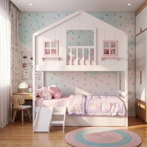 Treliche Infantil Casinha Dos Sonhos com Varanda e Kit Escorregador Madeira Maciça Branco/ Rosa