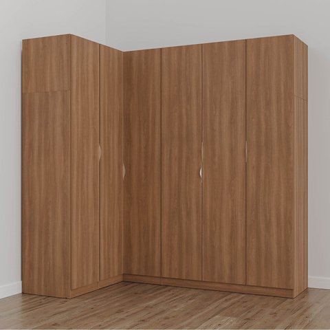 Guarda Roupa Modulado de Canto 6 Portas 3 Peças Hera CabeCasa MadeiraOriginals Marrom/Louro/Cromado