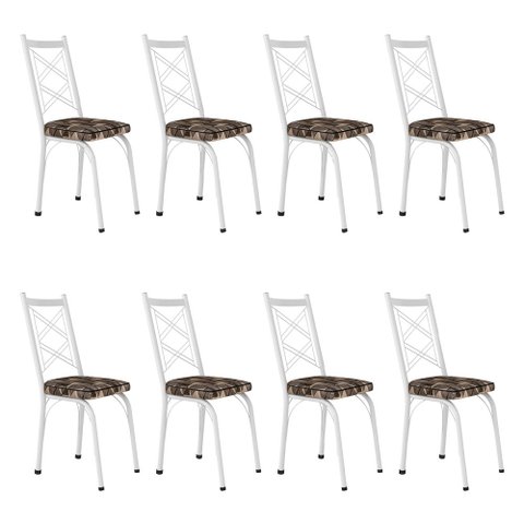 Kit 8 Cadeiras de Cozinha Delaware Estampado Mosaico Palha Pés de Ferro Branco - Pallazio