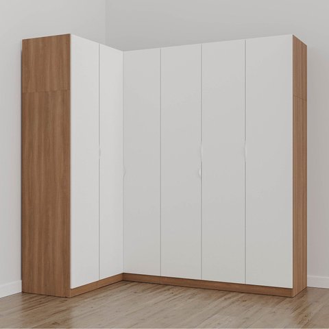 Guarda Roupa Modulado de Canto 6 Portas 3 Peças Hera CabeCasa MadeiraOriginals Marrom/Louro/Algodão/Cromado