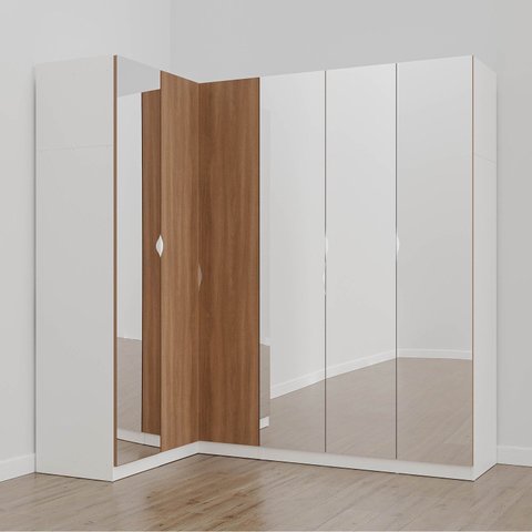 Guarda Roupa Modulado de Canto com Espelho 6 Portas 3 Peças Hera CabeCasa MadeiraOriginals Branco/Algodão/Louro/Cromado