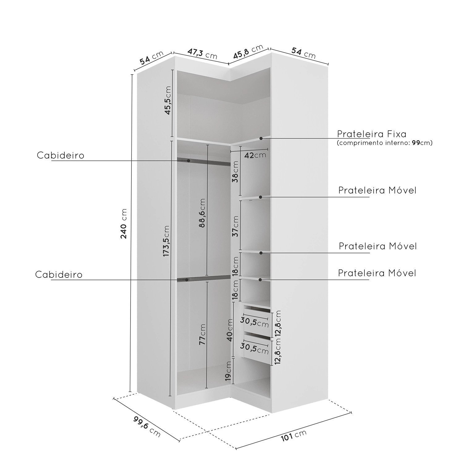 Guarda Roupa Modulado de Canto com Espelho 6 Portas 3 Peças Hera Cabecasa Madeiramadeira - 13