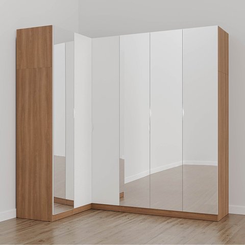 Guarda Roupa Modulado de Canto com Espelho 6 Portas 3 Peças Hera CabeCasa MadeiraOriginals Marrom/Louro/Algodão/Cromado