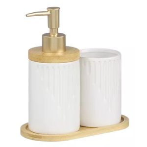 Kit Banheiro Lavabo 3 Peças Bambu Porta Sabonete Líquido Pia