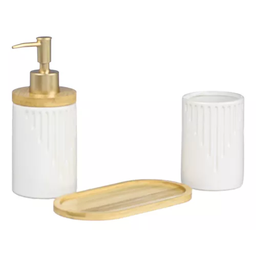 Kit Banheiro Lavabo 3 Peças Bambu Porta Sabonete Líquido Pia - 3
