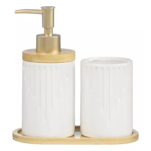 Kit Banheiro Lavabo 3 Peças Bambu Porta Sabonete Líquido Pia