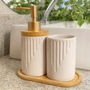 Ver imagem 2 de Kit Banheiro Lavabo 3 Peças Bambu Porta Sabonete Líquido Pia