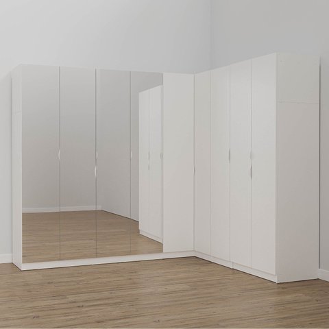 Guarda Roupa Planejado de Canto com Espelho 9 Portas 4 Peças Hera CabeCasa MadeiraOriginals Branco/Algodão/Cromado