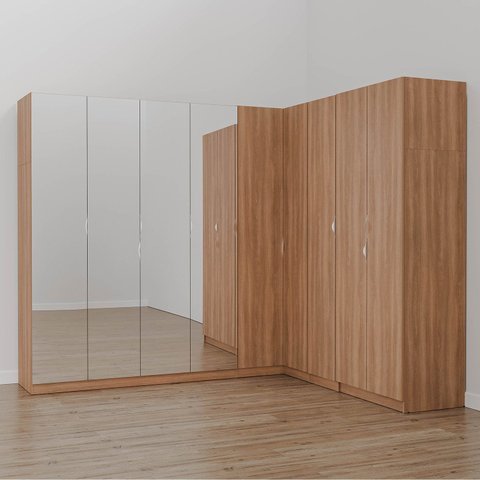 Guarda Roupa Modulado de Canto com Espelho 9 Portas 4 Peças Hera CabeCasa MadeiraOriginals Marrom/Louro/Cromado