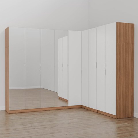 Guarda Roupa Modulado de Canto com Espelho 9 Portas 4 Peças Hera CabeCasa MadeiraOriginals Marrom/Louro/Algodão/Cromado