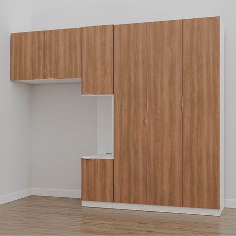 Guarda-Roupa Modulado Solteiro com Mesa de Cabeceira 7 Portas 3 Peças Hera CabeCasa MadeiraOriginals Branco/Algodão/Louro/Cromado