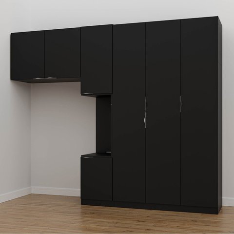 Guarda-Roupa Planejado Solteiro com Mesa de Cabeceira 7 Portas 3 Peças Hera CabeCasa MadeiraOriginals Preto/Cromado