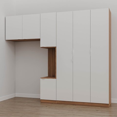 Guarda-Roupa Modulado Solteiro com Mesa de Cabeceira 7 Portas 3 Peças Hera CabeCasa MadeiraOriginals Marrom/Louro/Algodão/Cromado
