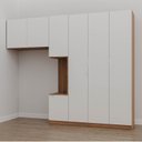 Ver imagem 1 de Guarda-Roupa Modulado Solteiro com Mesa de Cabeceira 7 Portas 3 Peças Hera CabeCasa MadeiraOriginals Marrom/Louro/Algodão/Cromado