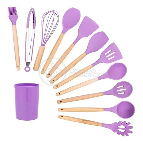 Kit 12 Utensílios de Cozinha Peças de Silicone e Cabo de Madeira Madeira Resistentes - Roxo