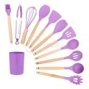 Ver imagem 1 de Kit 12 Utensílios de Cozinha Peças de Silicone e Cabo de Madeira Madeira Resistentes - Roxo