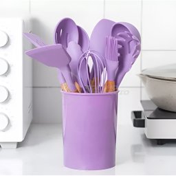 Kit 12 Utensílios de Cozinha Peças de Silicone e Cabo de Madeira Madeira Resistentes - Roxo - 3