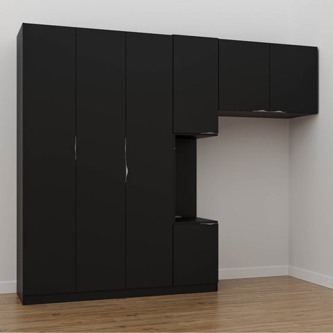 Guarda-Roupa Planejado Solteiro com Mesa de Cabeceira 7 Portas 3 Peças Hera CabeCasa MadeiraOriginals Preto/Cromado
