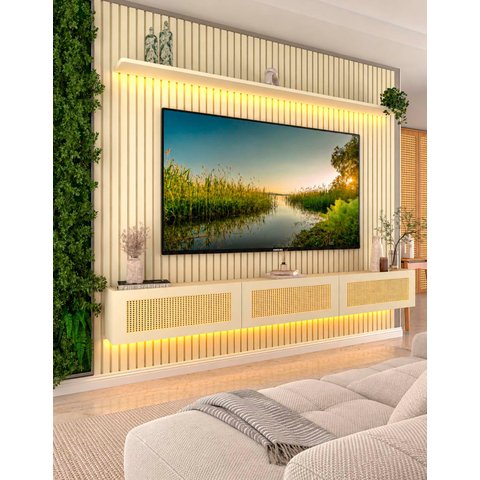 Conjunto Módulo Home Painel Ripado Nicho Suspenso Palina 230 Cor:Offwhite/Offwhite
