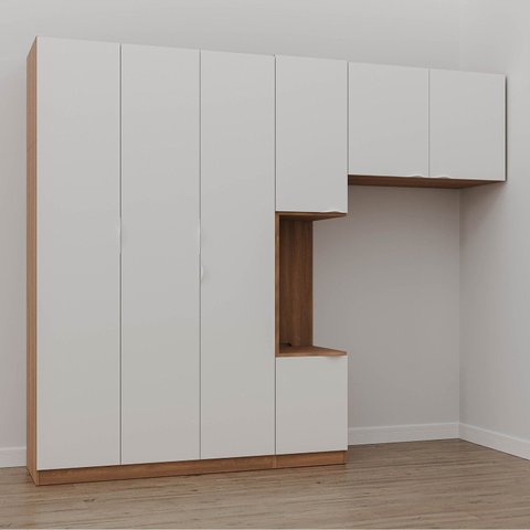 Guarda-Roupa Modulado Solteiro com Mesa de Cabeceira 7 Portas 3 Peças Hera CabeCasa MadeiraOriginals Marrom/Louro/Algodão/Cromado