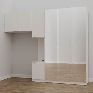 Guarda-Roupa Modulado Solteiro 7 Portas Espelho e Mesa de Cabeceira Hera CabeCasa MadeiraOriginals