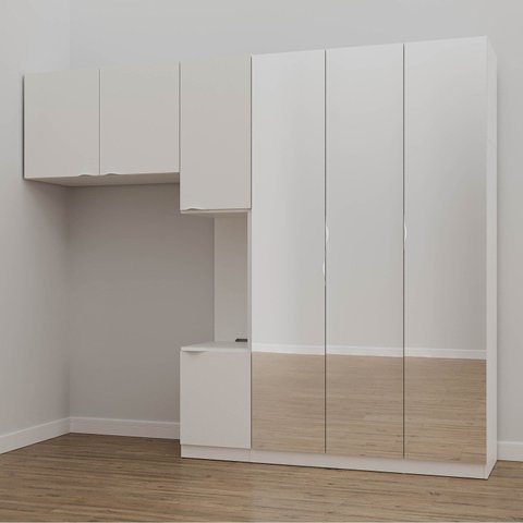 Guarda-Roupa Modulado Solteiro 7 Portas Espelho e Mesa de Cabeceira Hera CabeCasa MadeiraOriginals Branco/Algodão/Cromado